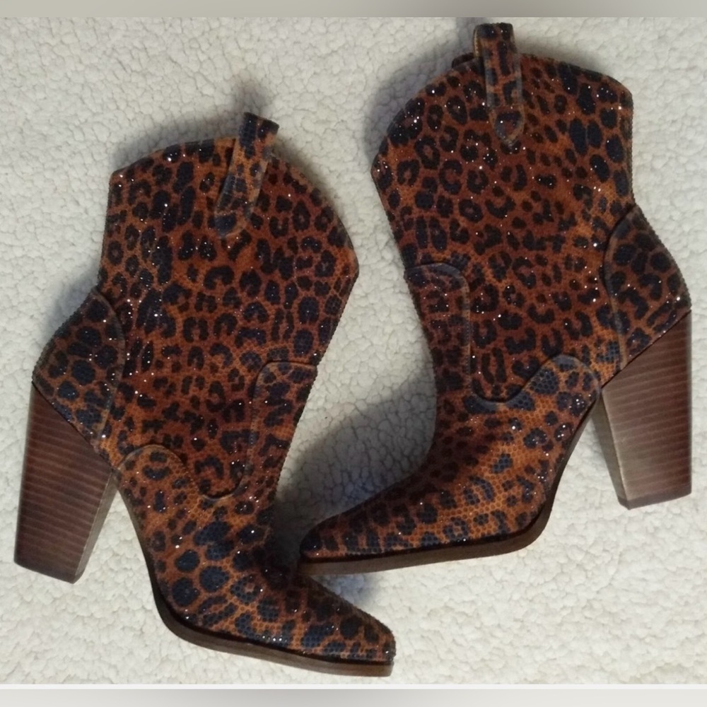 Jessica Simpson Cissely leopard print wearer rhinestone cowgirl ankle bootie 7